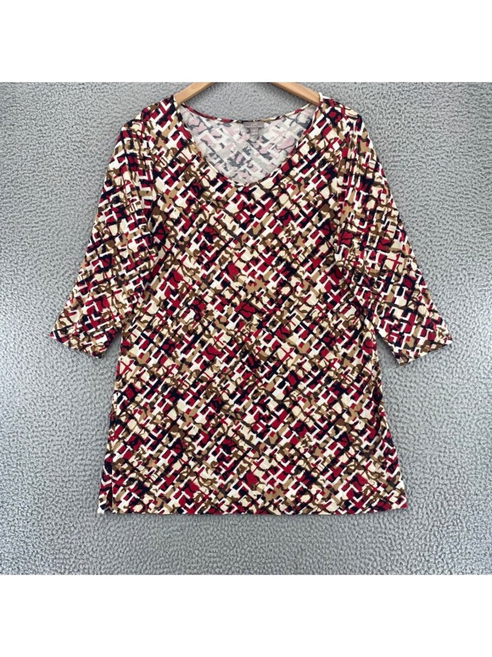 J Jill Top Womens Medium Wearever Red Abstract Geometric 3/4 Sleeve Stretch Knit